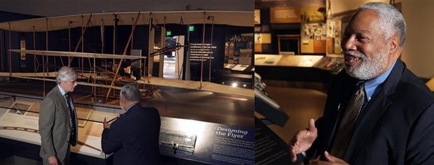 mo rocca and lonnie bunch with the wright brothers plane